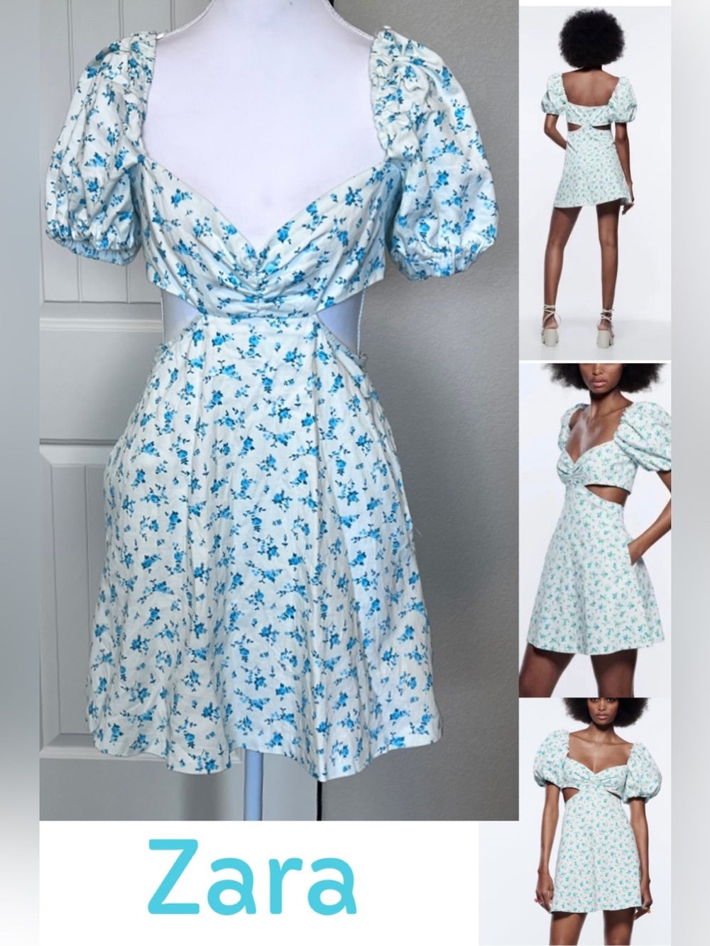 Zara Blue & White Floral Puff-Sleeve Cutout Mini Dress Pockets Sz Medium